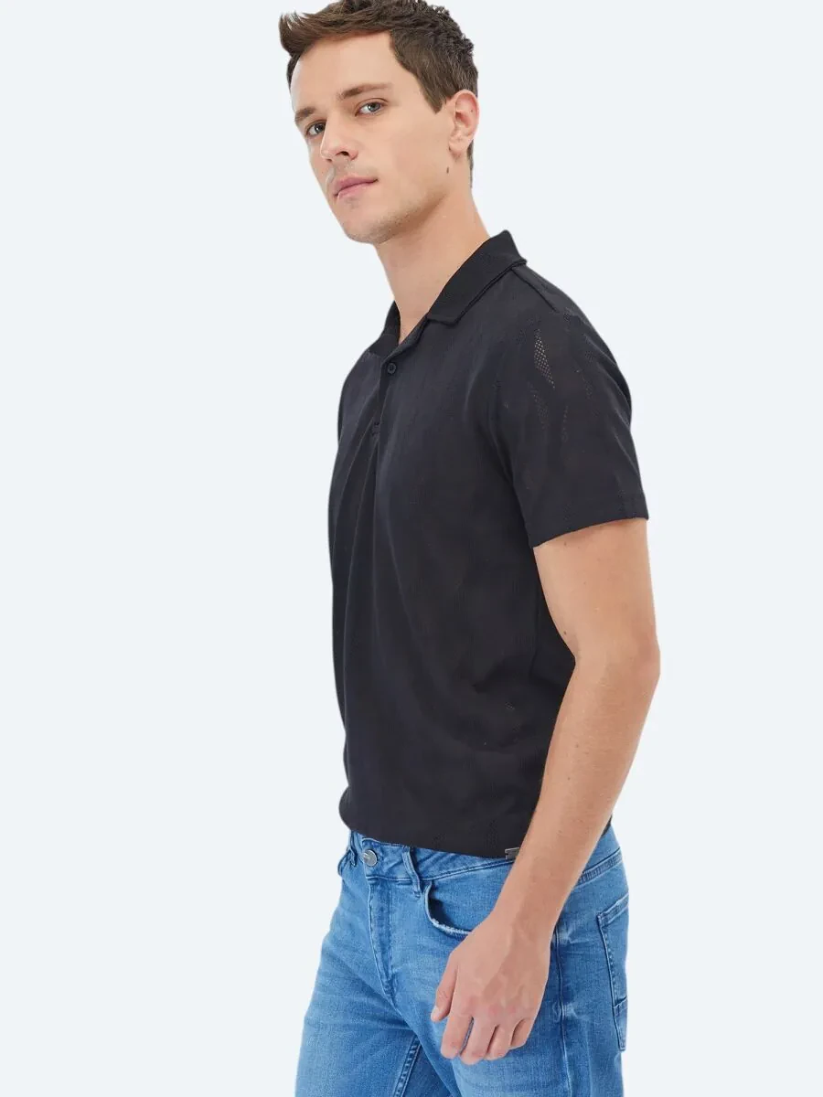 Black Jacquard Cuban Collar T-Shirt - 4