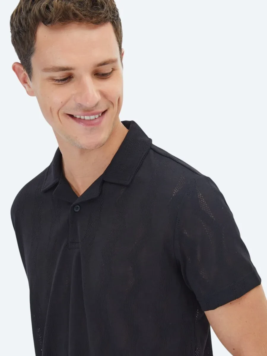Black Jacquard Cuban Collar T-Shirt - 5