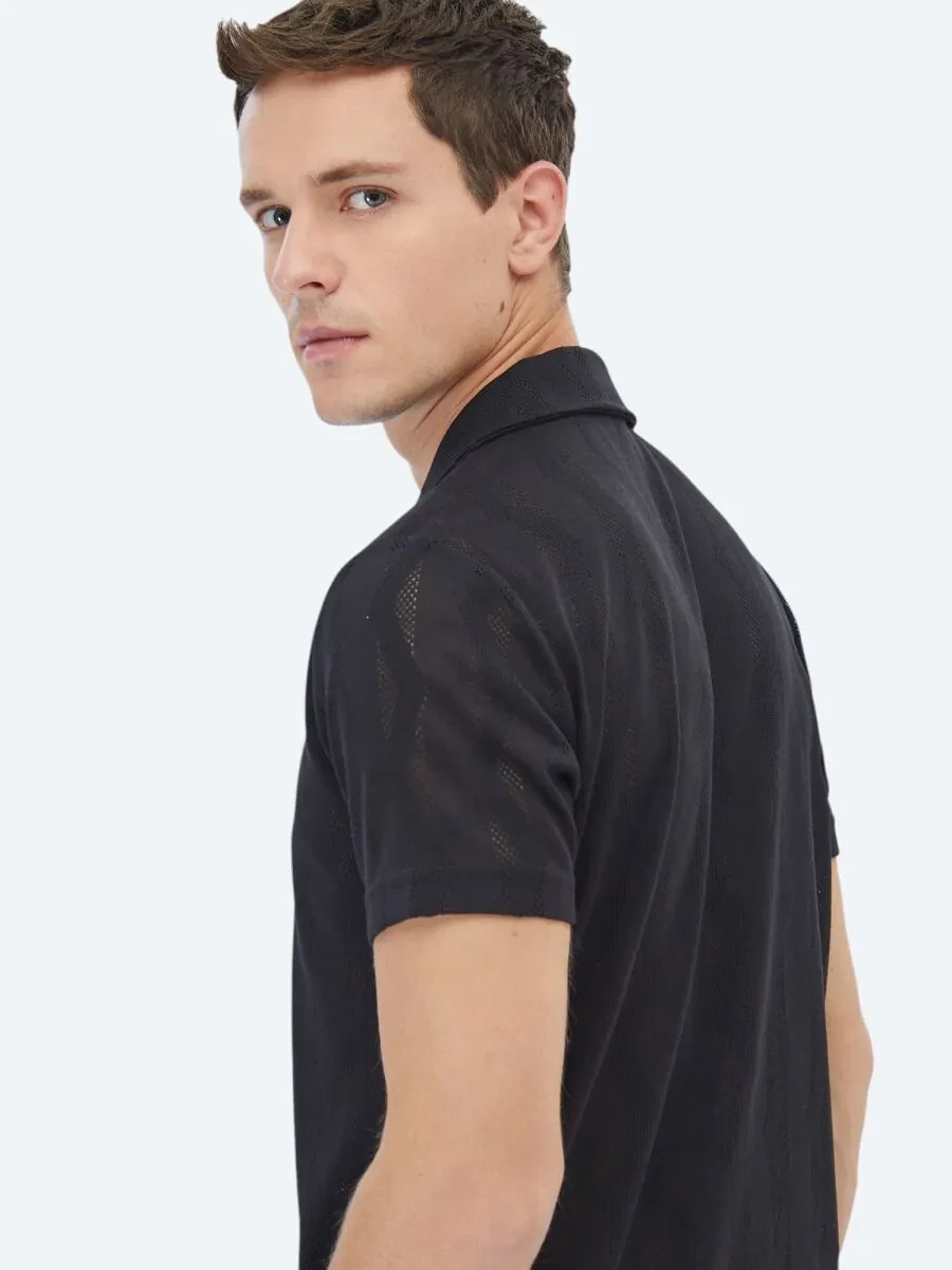 Black Jacquard Cuban Collar T-Shirt - 6