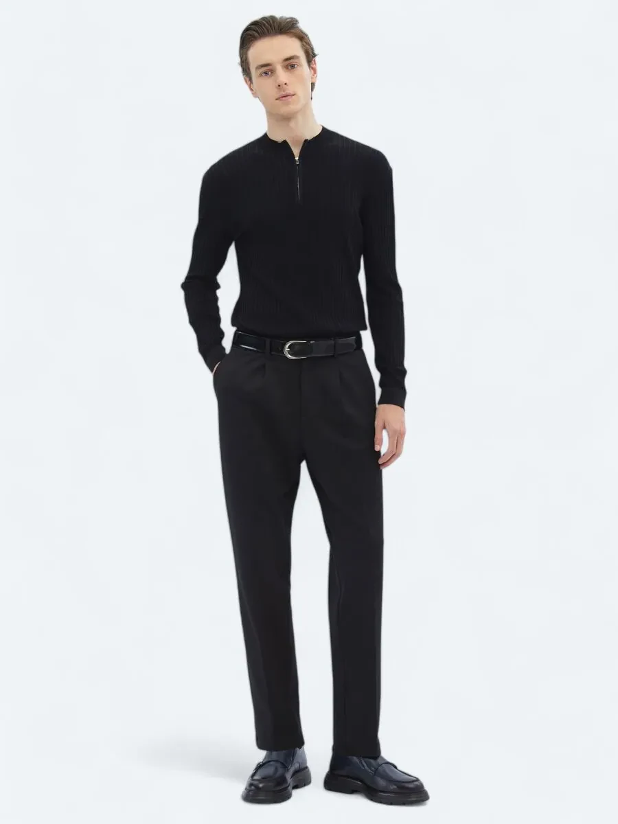 Black Knitting Carrot Fit Casual Trousers - 1