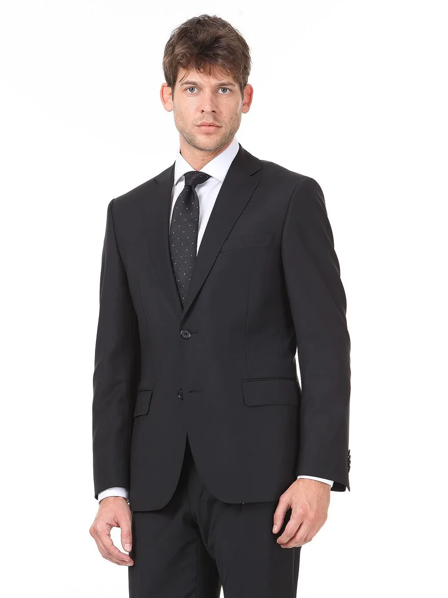 Black Modern Fit Wool Blended Suit - 1