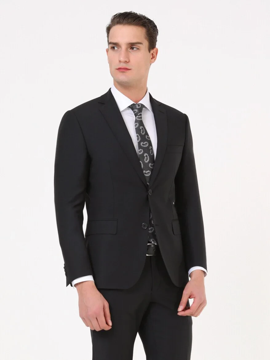Black Modern Fit Wool Blended Suit - 3
