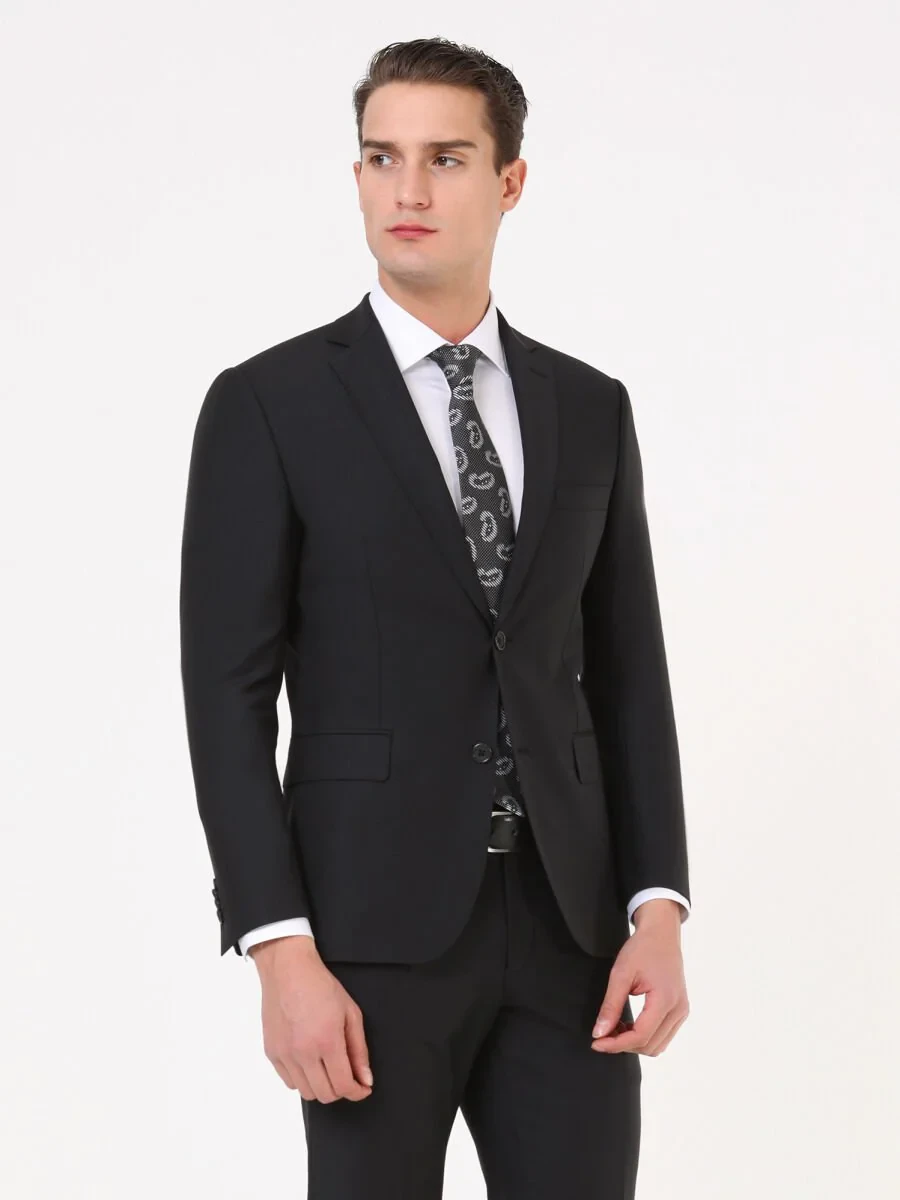 Black Modern Fit Wool Blended Suit - 3