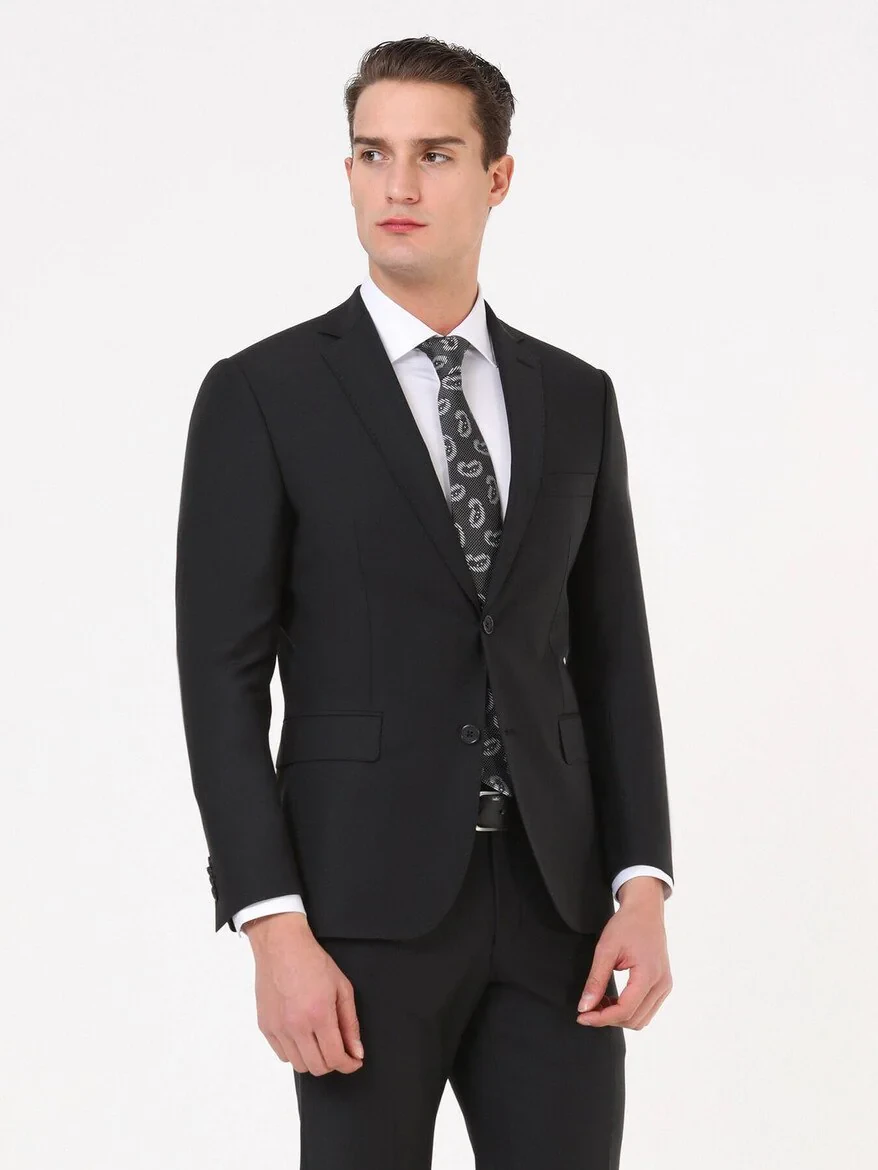 Black Modern Fit Wool Blended Suit - 1