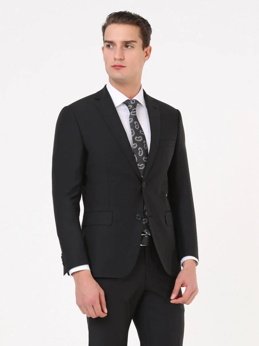 Black Modern Fit Wool Blended Suit - 1