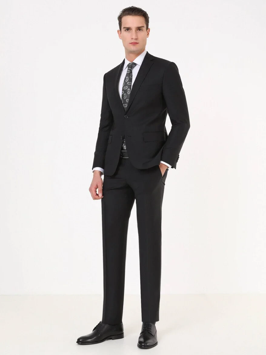 Black Modern Fit Wool Blended Suit - 2