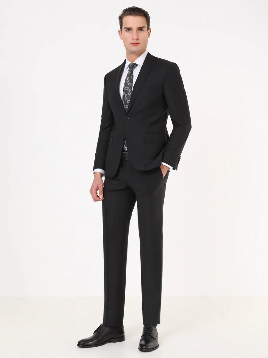 Black Modern Fit Wool Blended Suit - 2
