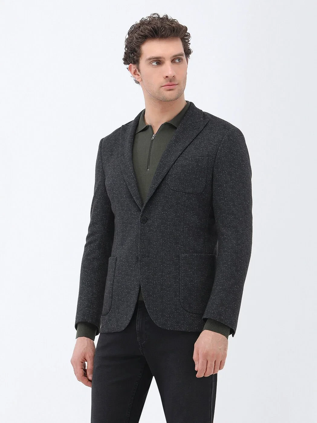 Black Patterned Modern Fit Jacket - 1