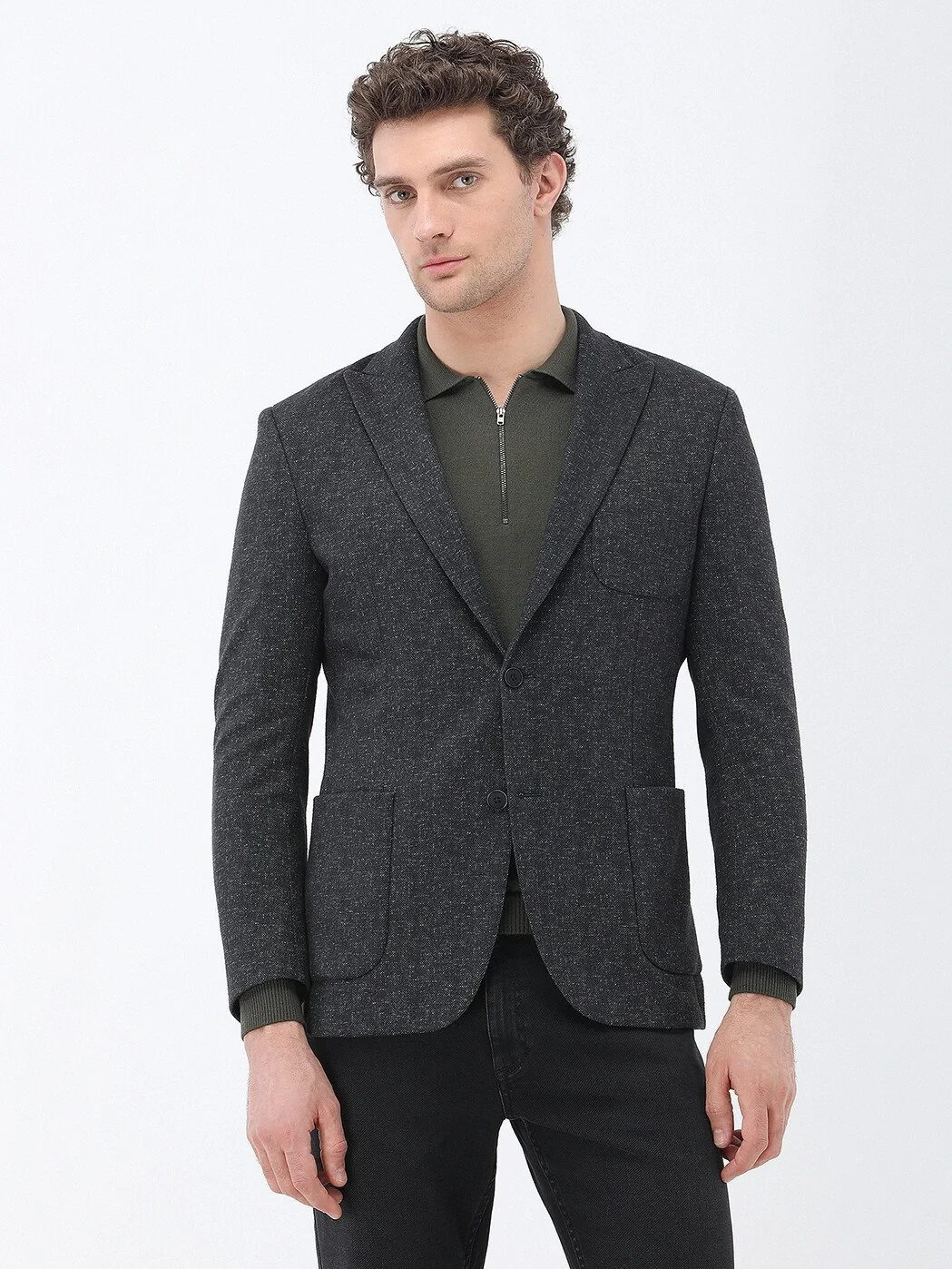 Black Patterned Modern Fit Jacket - 2