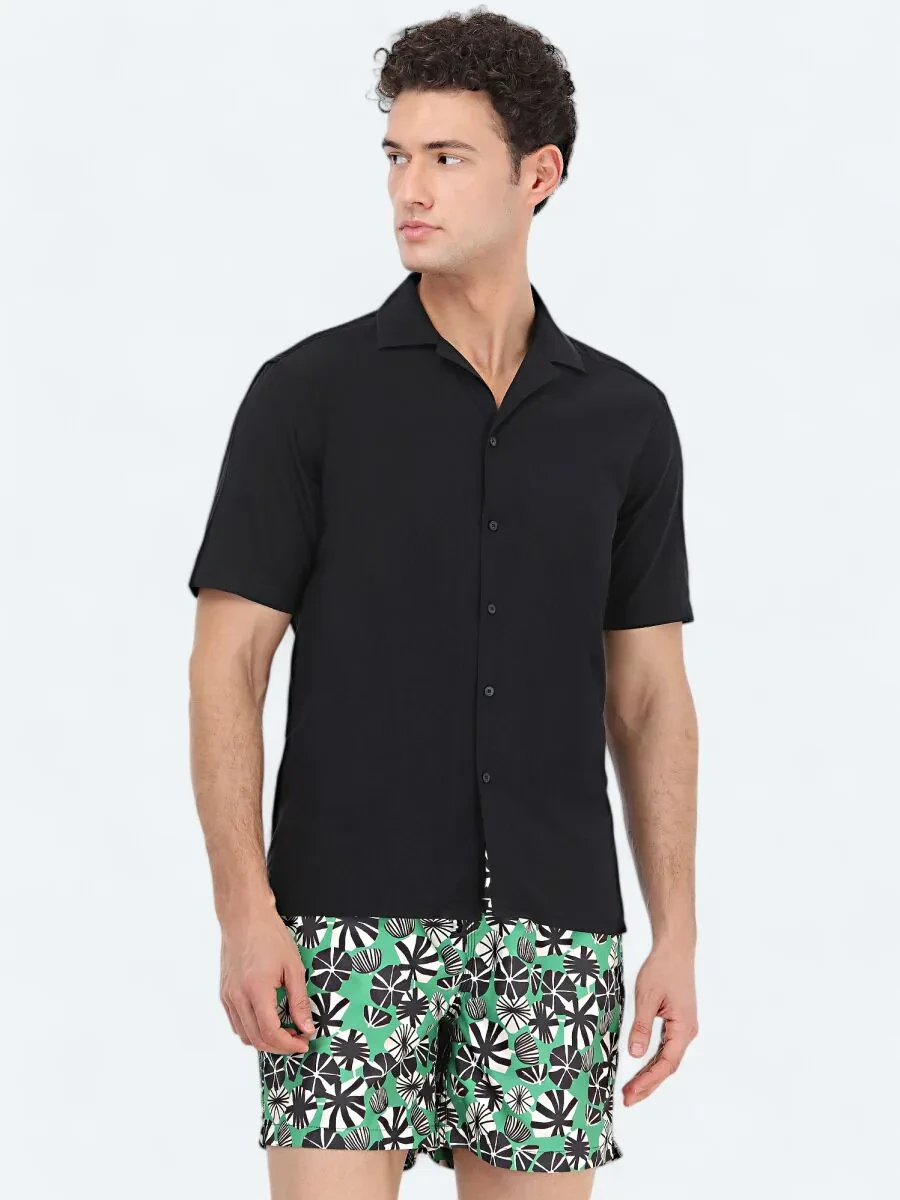 Black Patterned Regular Fit Weaving Casual 100% Cotton Shirt - 1