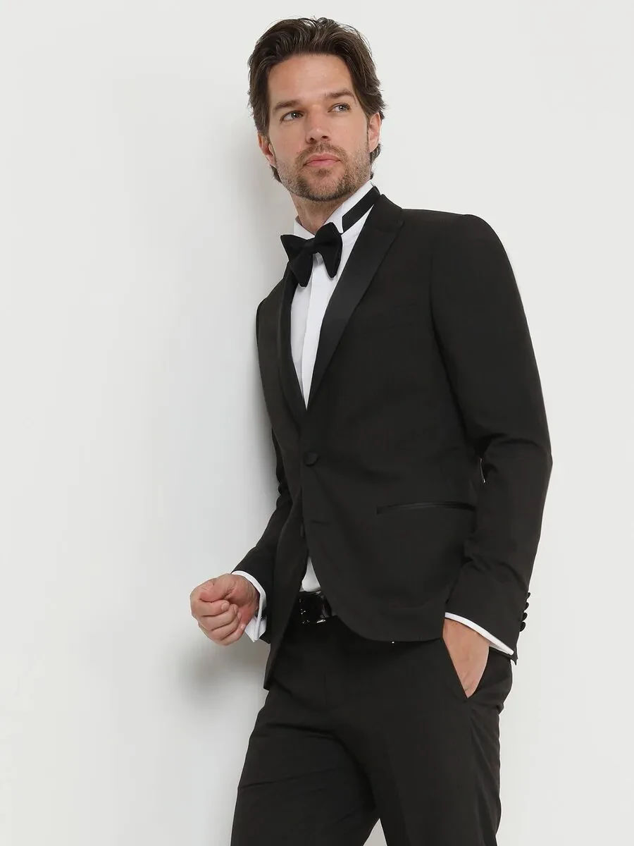 Black Patterned Slim Fit Double Breasted Collar Weaving Tuxedo - 1