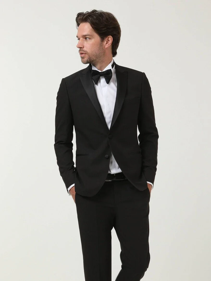 Black Patterned Slim Fit Double Breasted Collar Weaving Tuxedo - 3