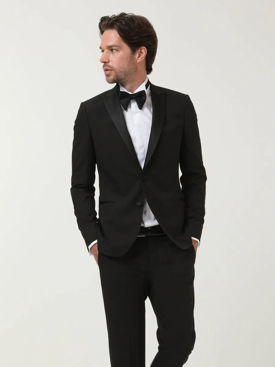 Black Patterned Slim Fit Double Breasted Collar Weaving Tuxedo - 3