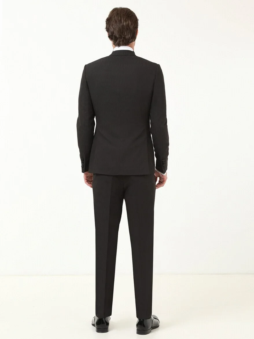 Black Patterned Slim Fit Double Breasted Collar Weaving Tuxedo - 4