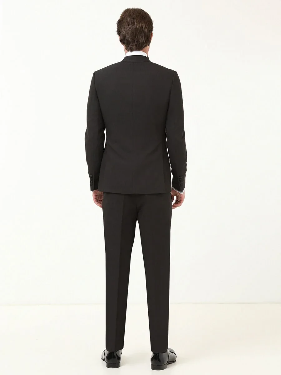 Black Patterned Slim Fit Double Breasted Collar Weaving Tuxedo - 4