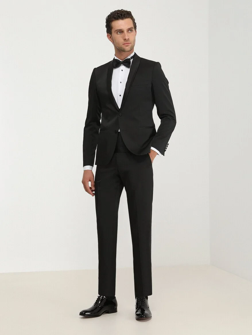 Black Patterned Slim Fit Shawl Collar Weaving Tuxedo - 2