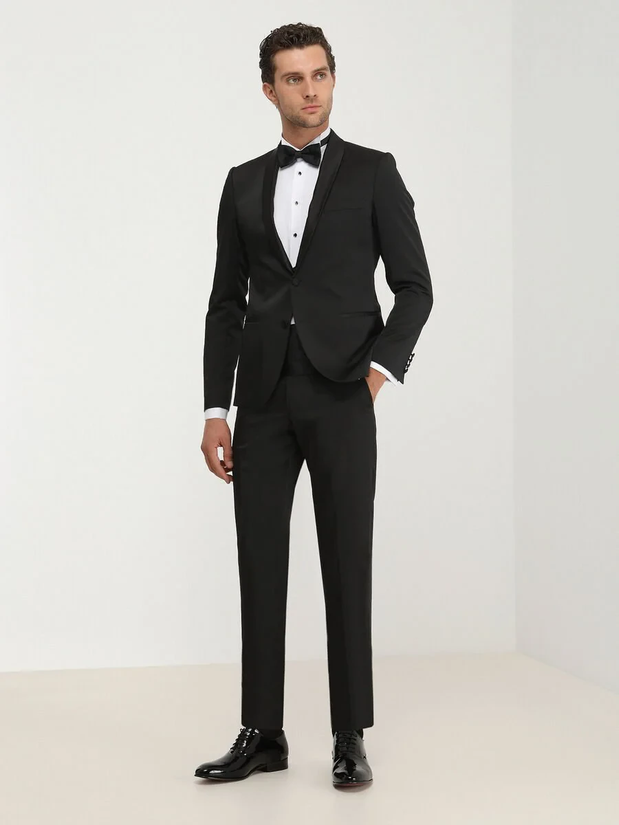 Black Patterned Slim Fit Shawl Collar Weaving Tuxedo - 2