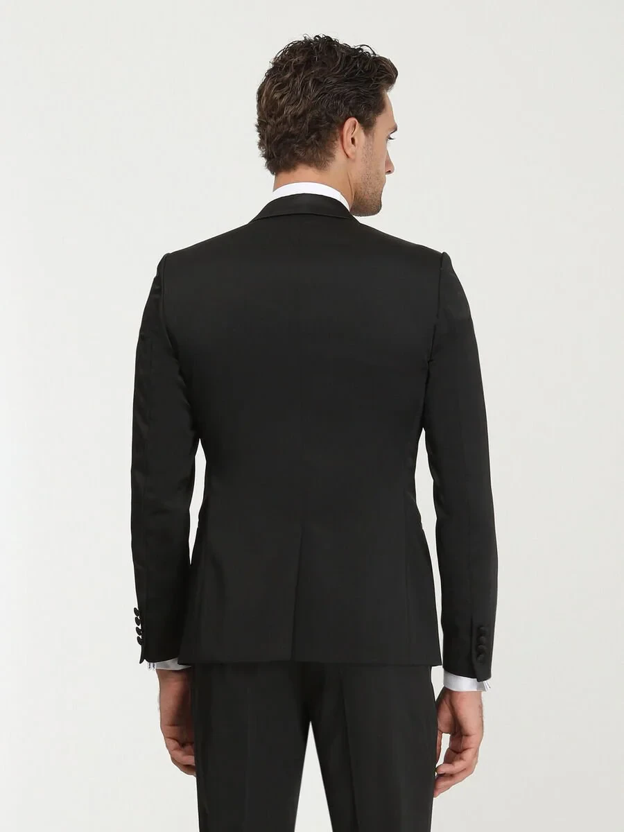 Black Patterned Slim Fit Shawl Collar Weaving Tuxedo - 4