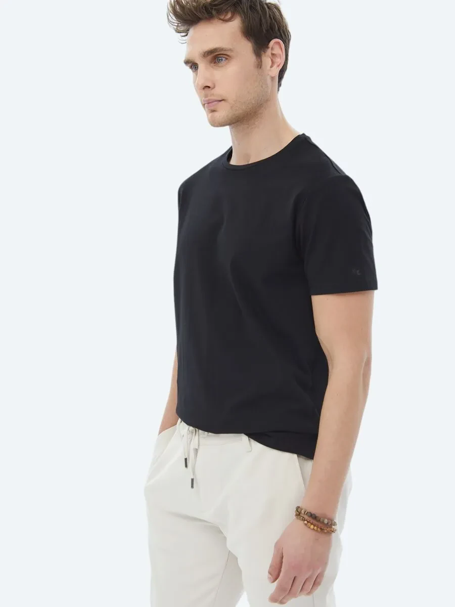 Black Plain Crew Neck Cotton Blended T-Shirt - 6