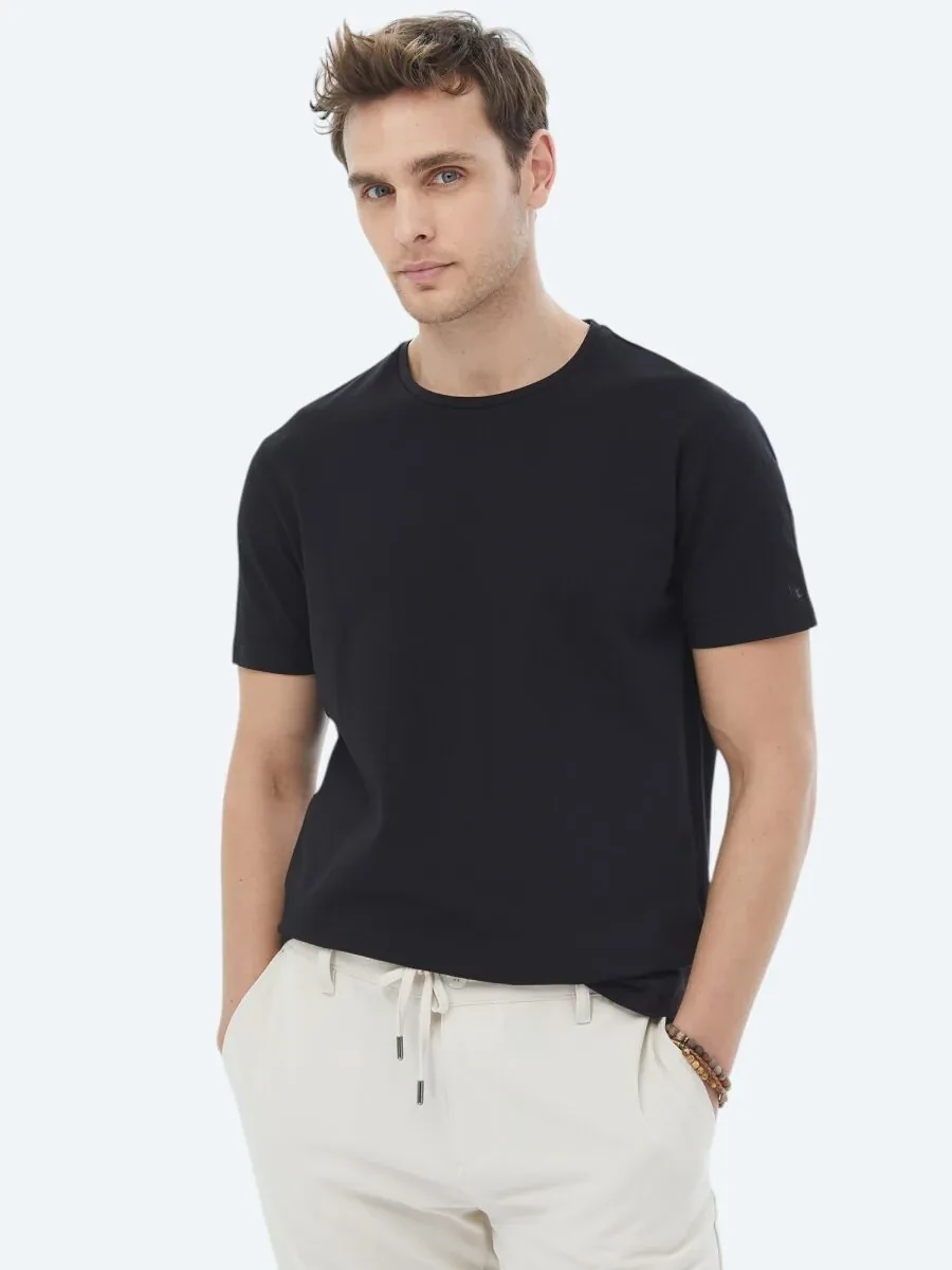 Black Plain Crew Neck Cotton Blended T-Shirt - 7