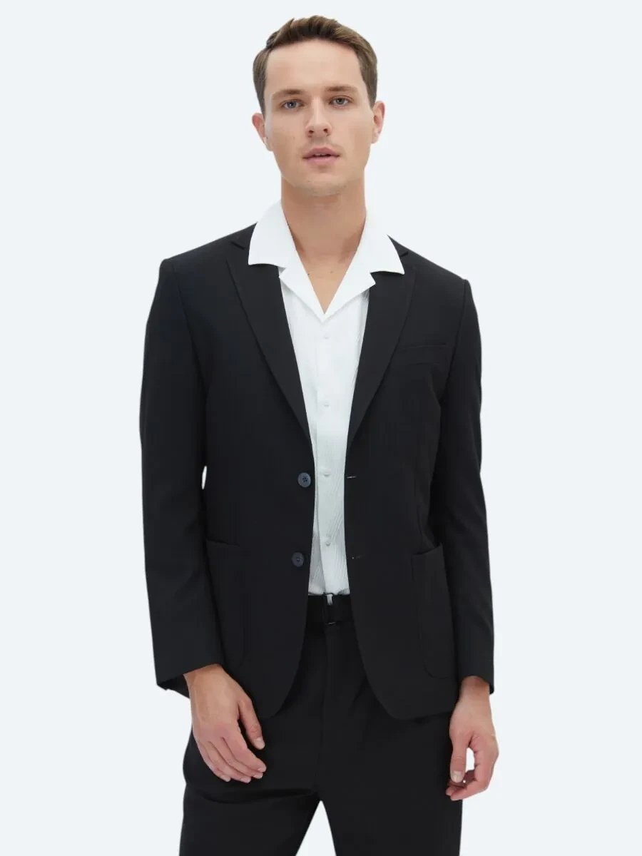 Black Plain Fitted Fit Suit - 4
