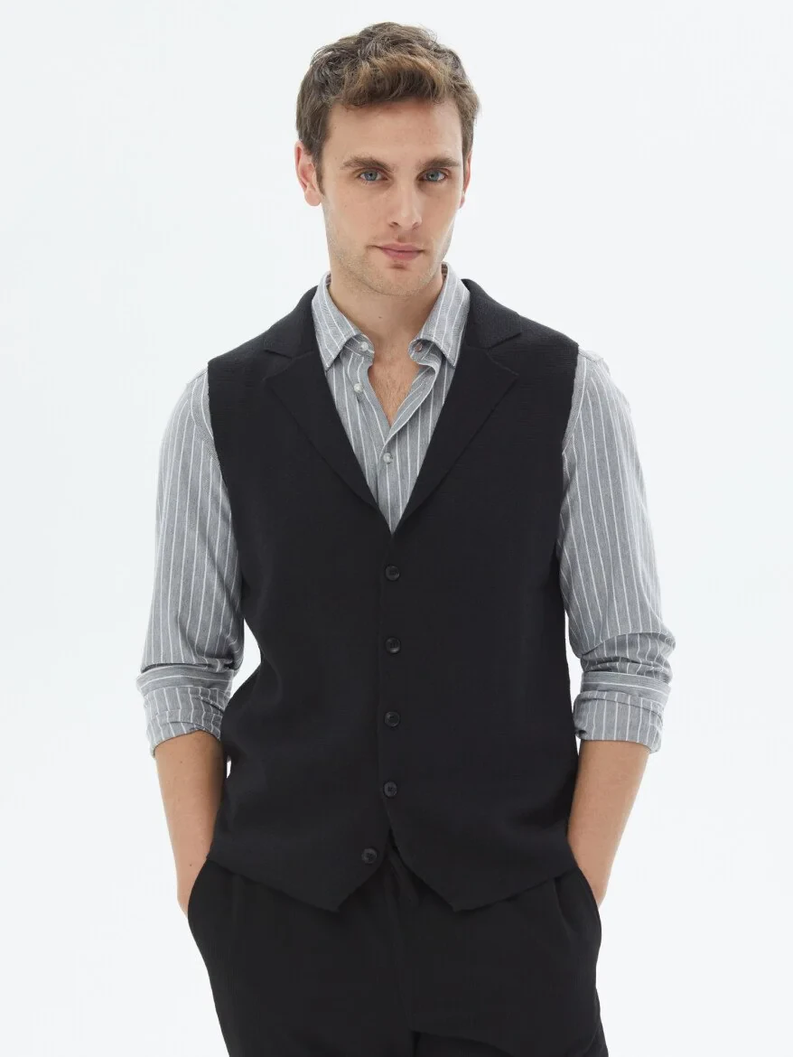 Black Plain Knitting Knit Vest - 4