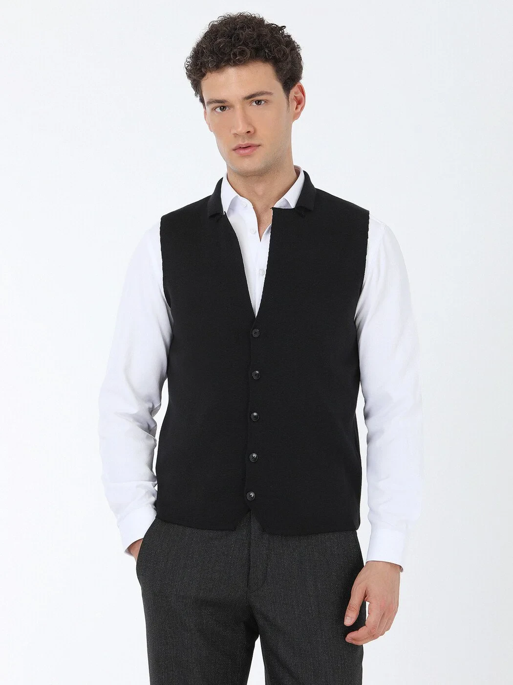 Black Plain Knitting Knit Vest - 1