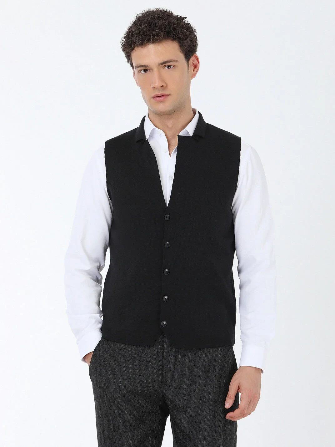 Black Plain Knitting Knit Vest - 1