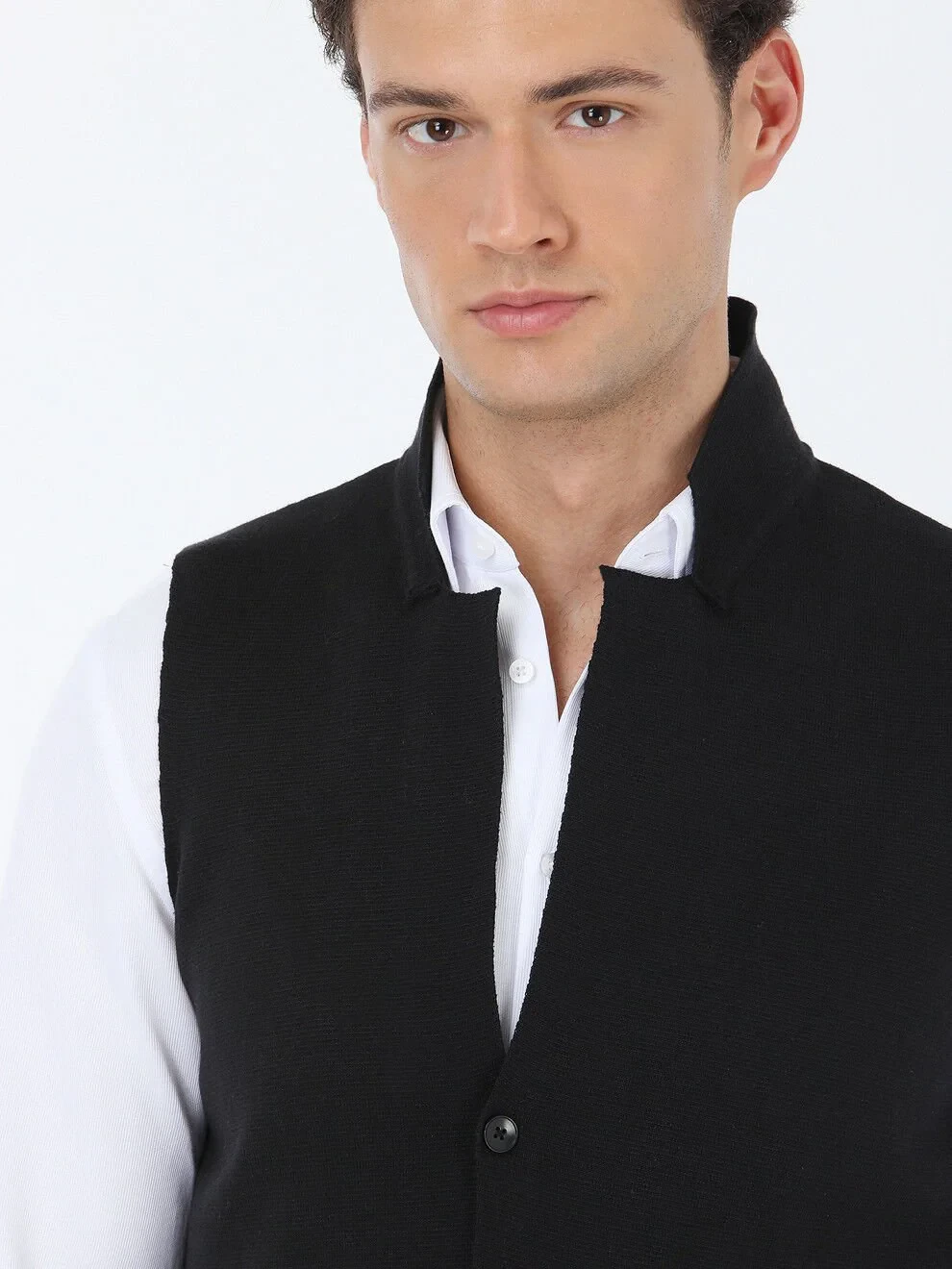Black Plain Knitting Knit Vest - 3