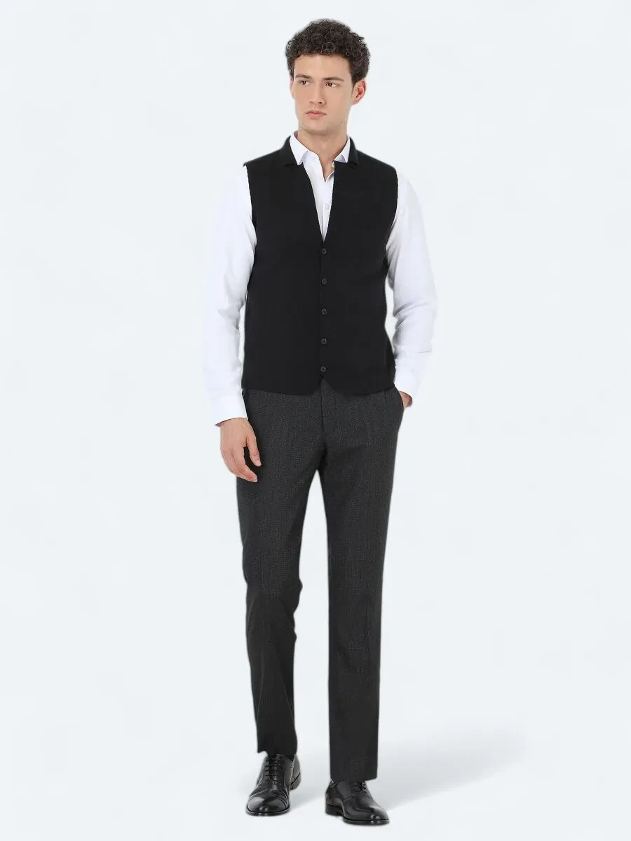 Black Plain Knitting Knit Vest - 2