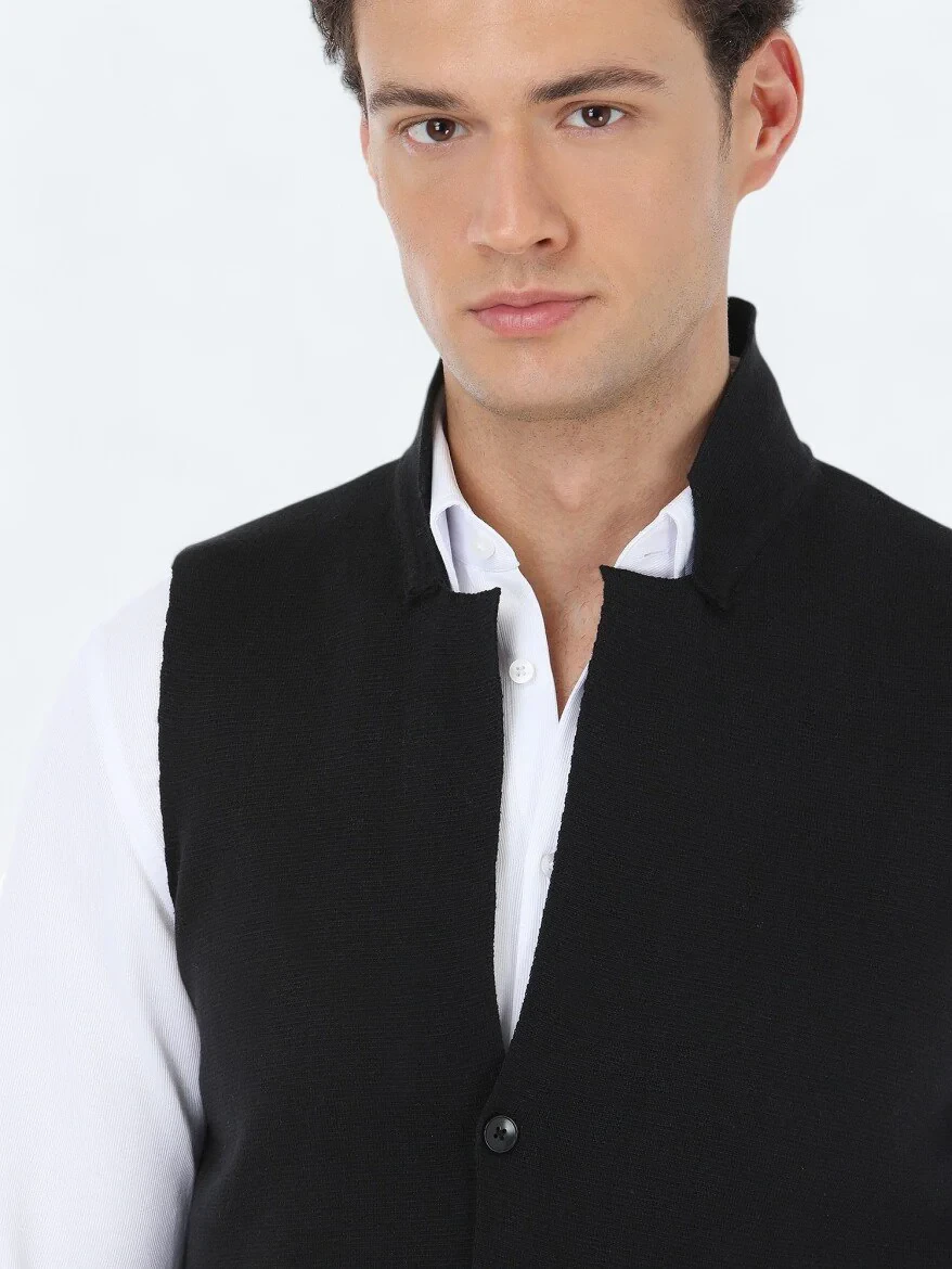 Black Plain Knitting Knit Vest - 3