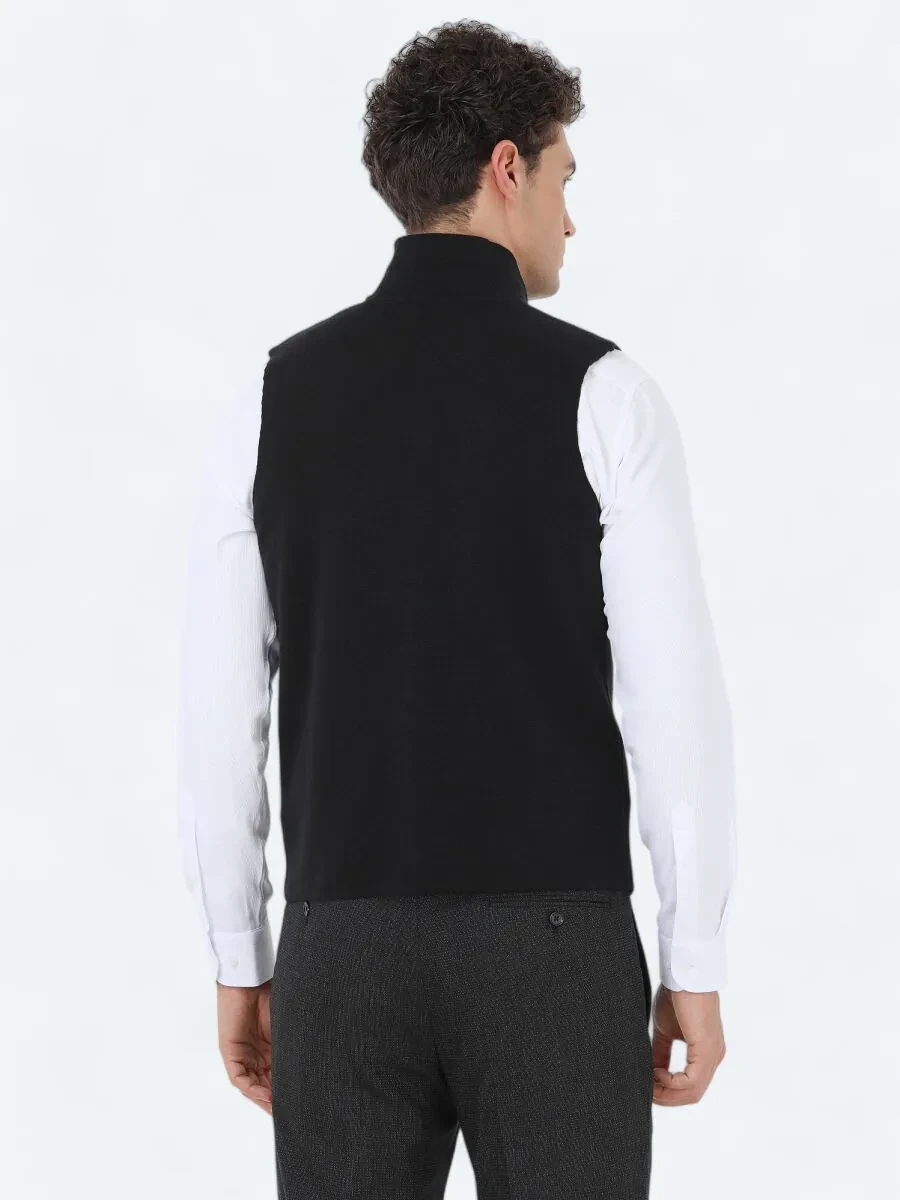 Black Plain Knitting Knit Vest - 4