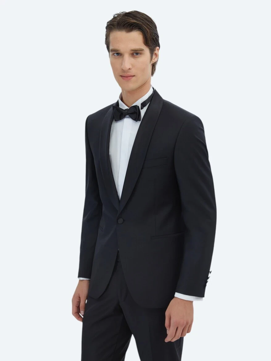 Black Plain Modern Fit Shawl Collar Weaving Tuxedo - 1
