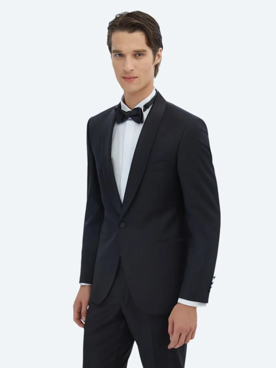 Black Plain Modern Fit Shawl Collar Weaving Tuxedo - 1