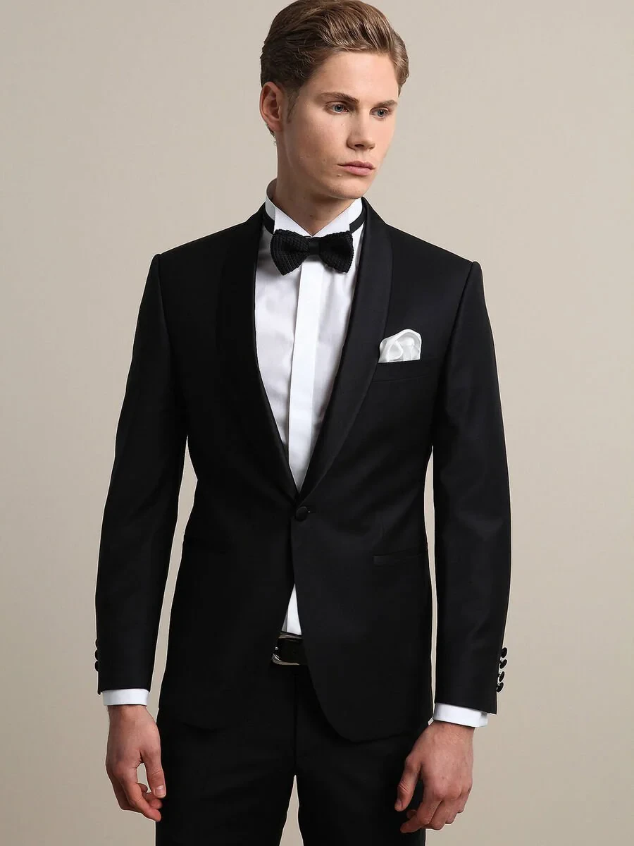 Black Plain Modern Fit Shawl Collar Weaving Tuxedo - 1