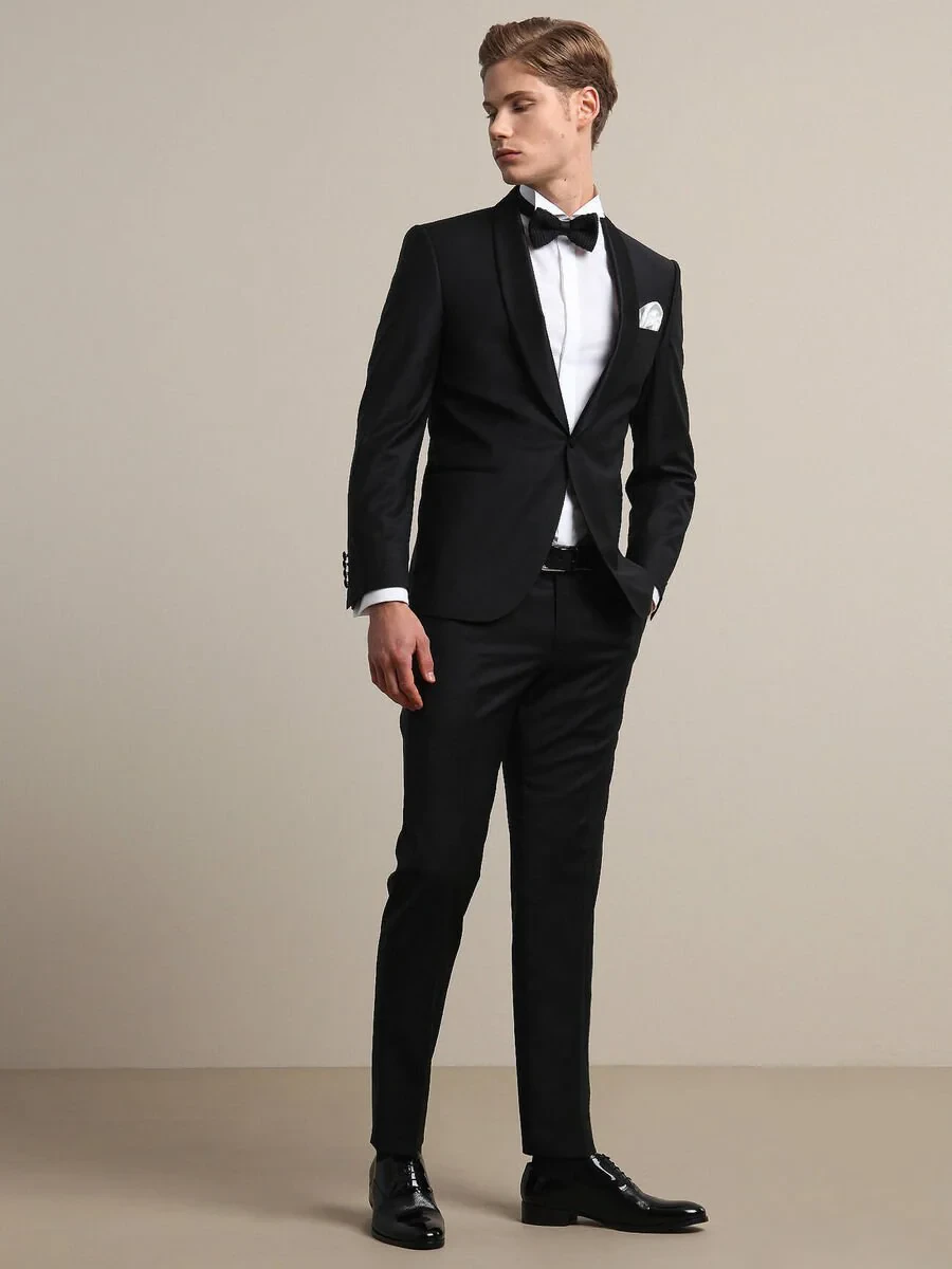 Black Plain Modern Fit Shawl Collar Weaving Tuxedo - 2