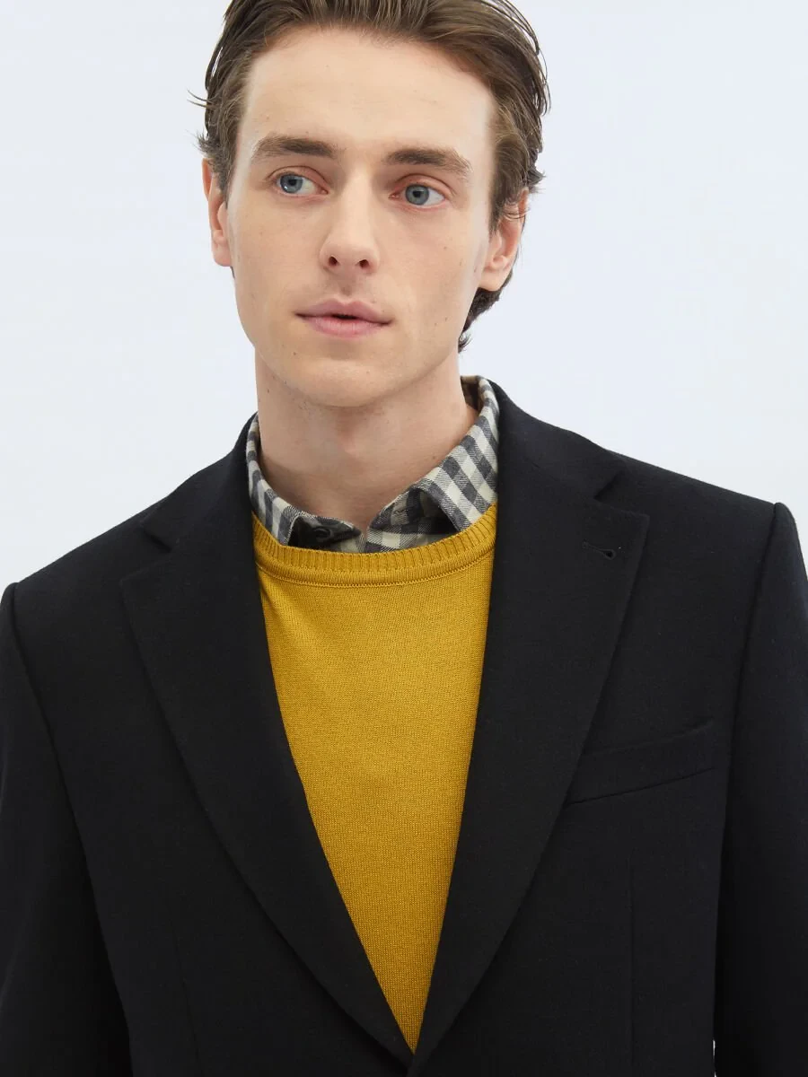 Black Plain Modern Fit Wool Blended Jacket - 1