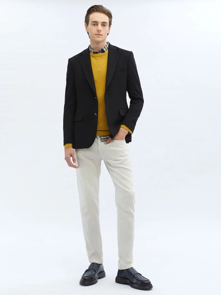 Black Plain Modern Fit Wool Blended Jacket - 2