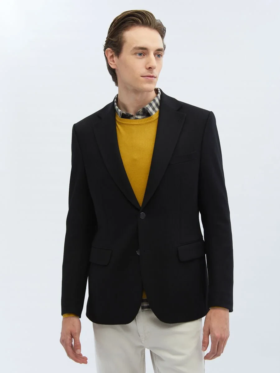 Black Plain Modern Fit Wool Blended Jacket - 3