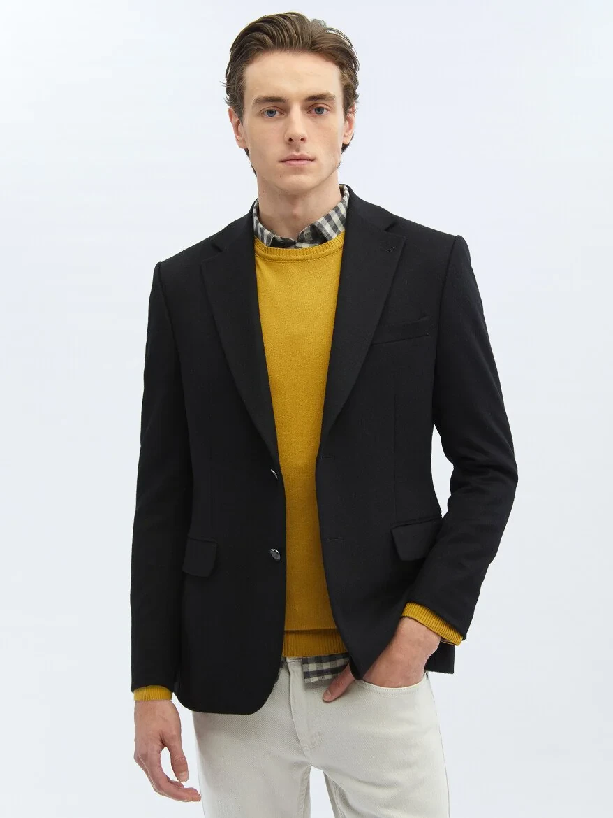 Black Plain Modern Fit Wool Blended Jacket - 4