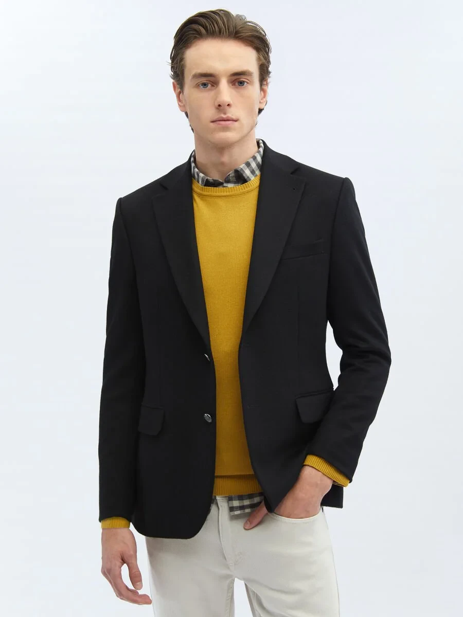 Black Plain Modern Fit Wool Blended Jacket - 4