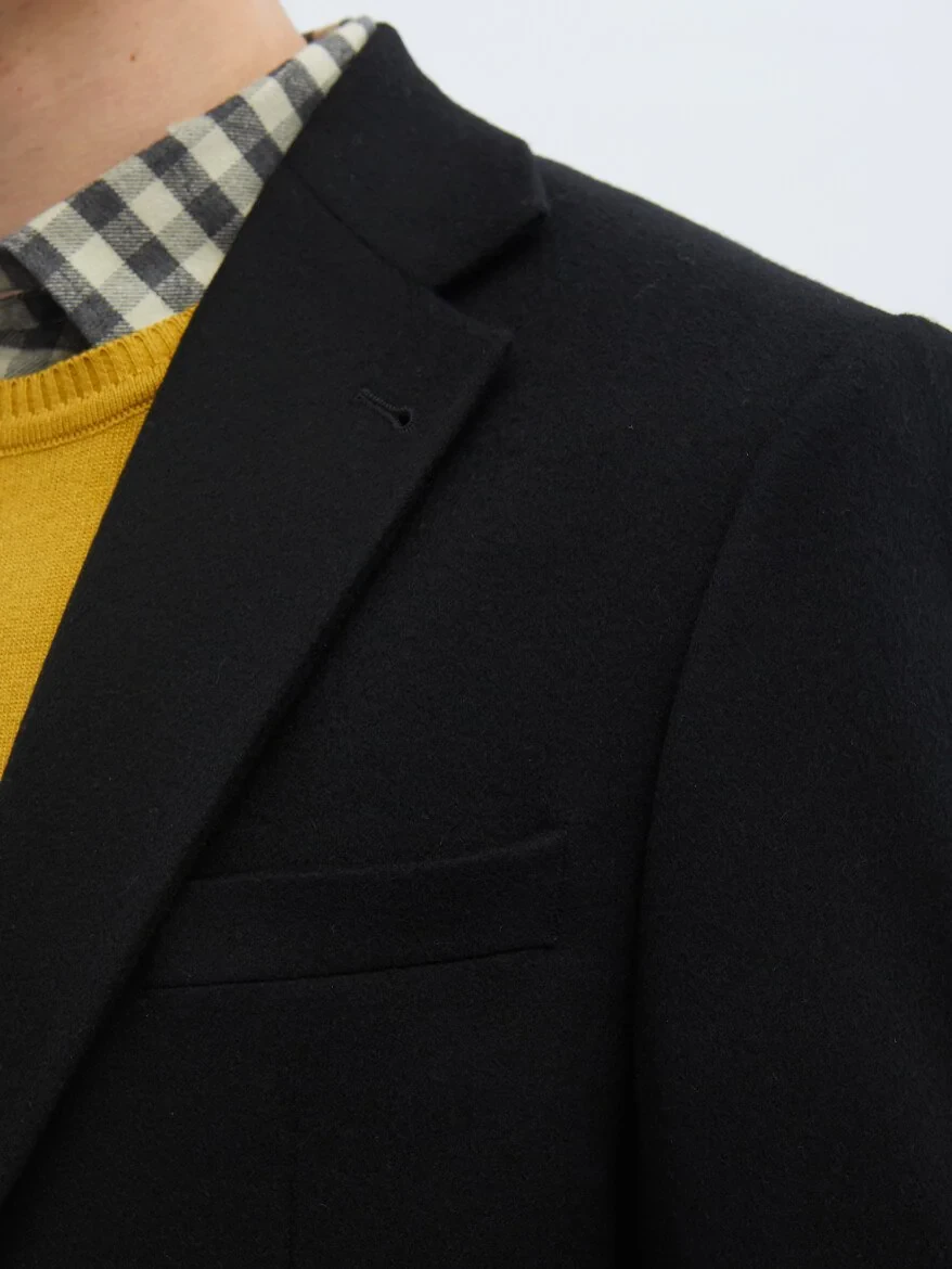 Black Plain Modern Fit Wool Blended Jacket - 5