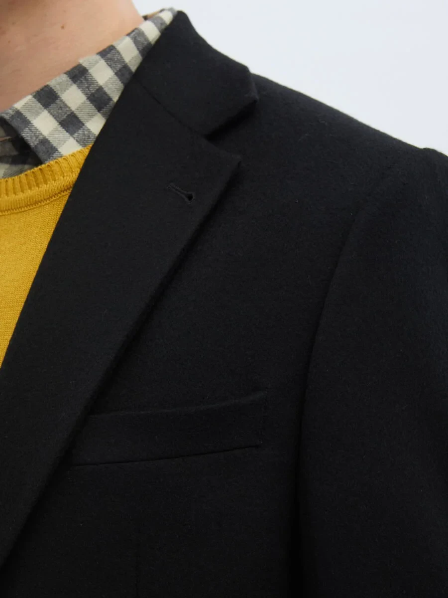 Black Plain Modern Fit Wool Blended Jacket - 5