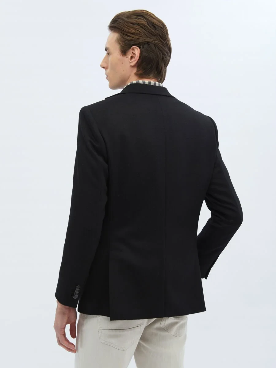 Black Plain Modern Fit Wool Blended Jacket - 6
