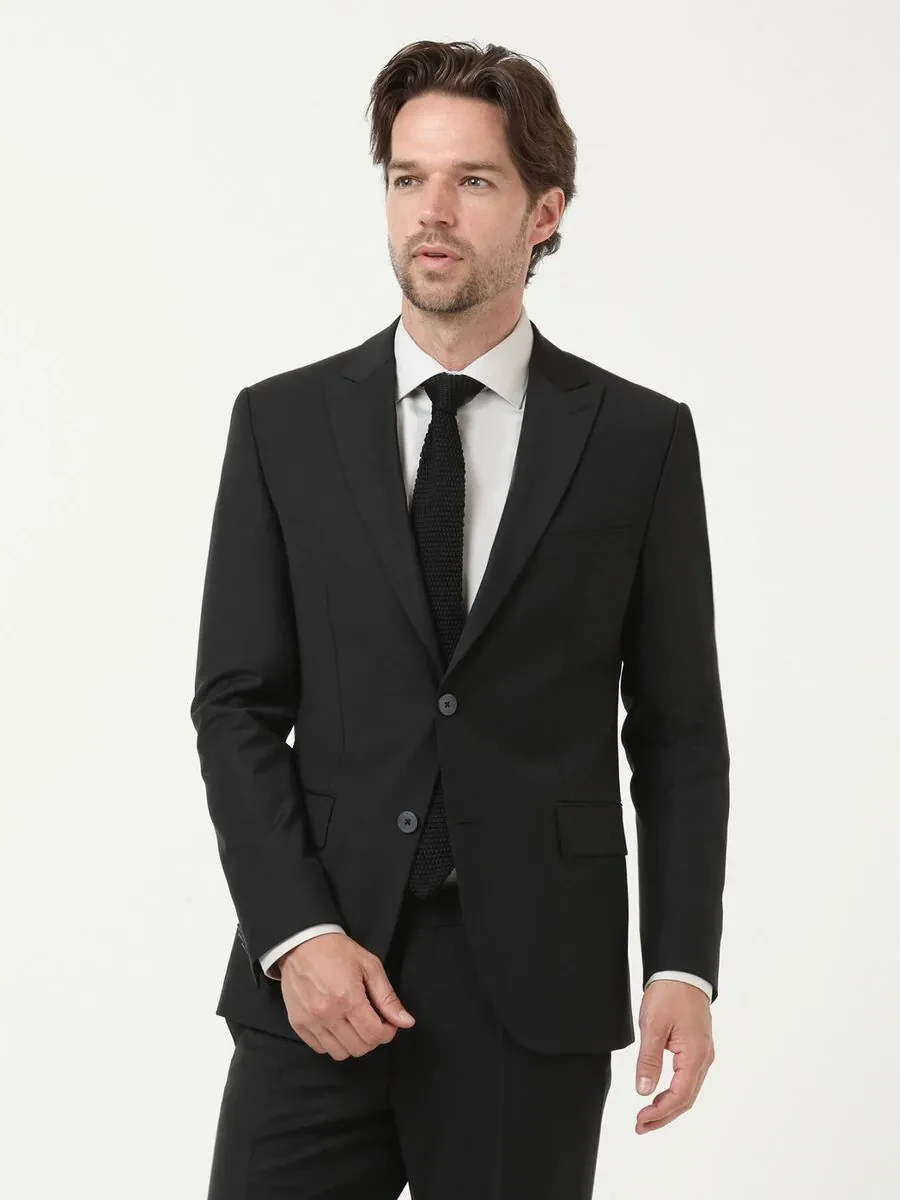 Black Plain Modern Fit Wool Blended Suit - 1