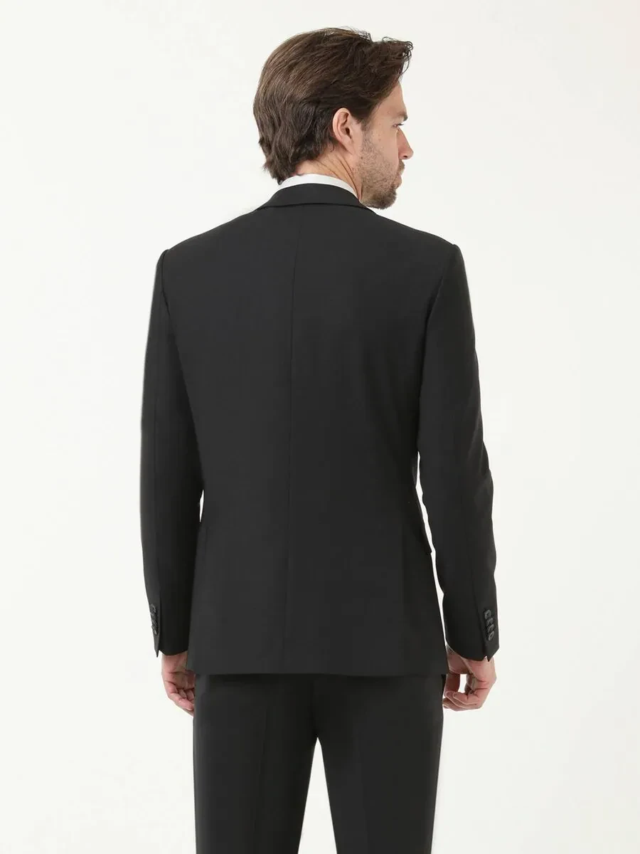Black Plain Modern Fit Wool Blended Suit - 4