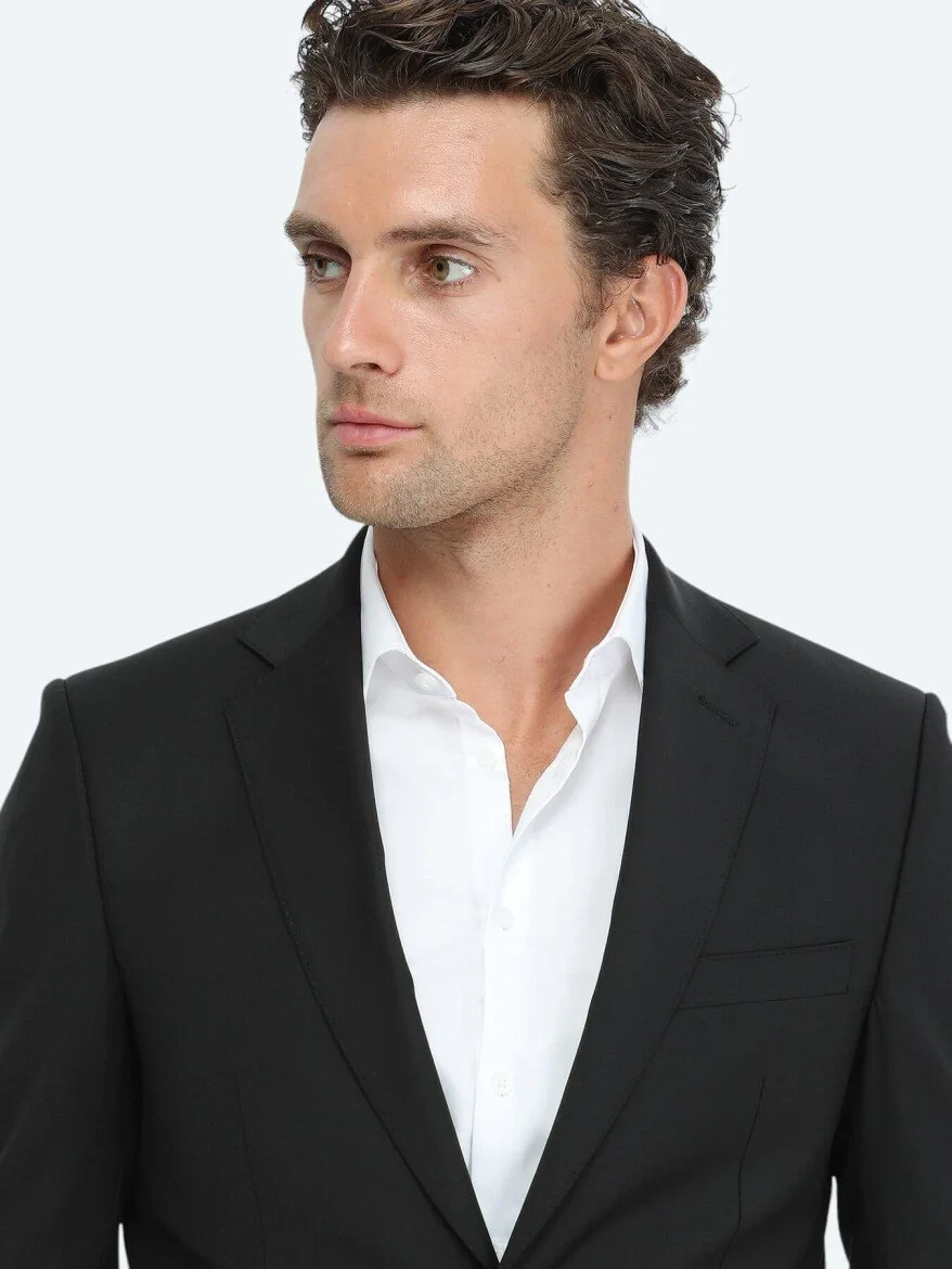 Black Plain Modern Fit Wool Blended Suit - 4