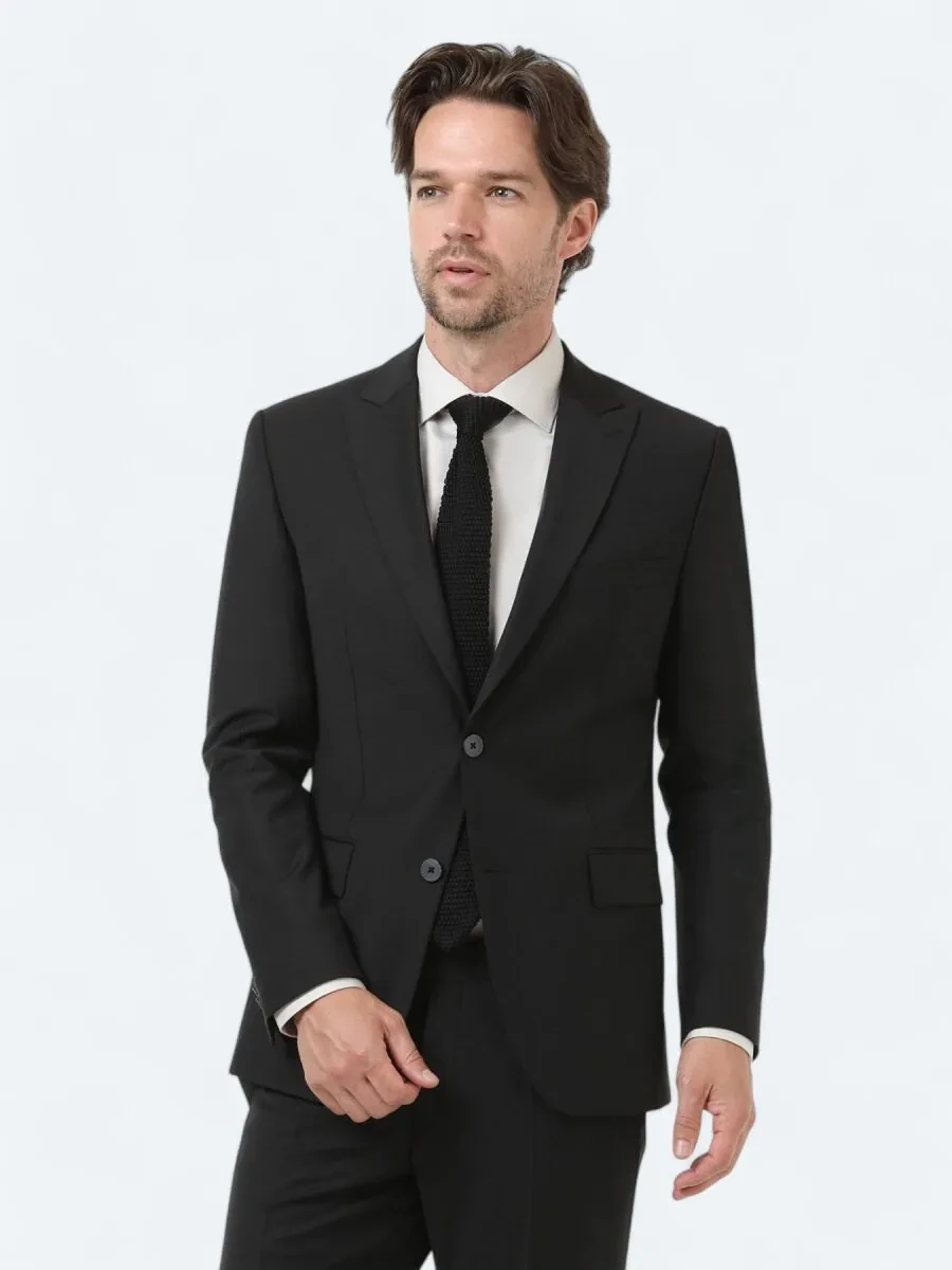 Black Plain Modern Fit Wool Blended Suit - 1
