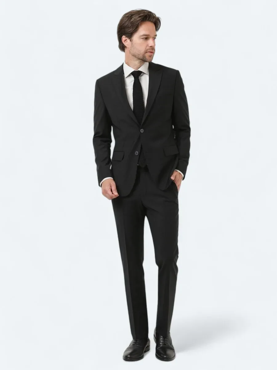 Black Plain Modern Fit Wool Blended Suit - 2