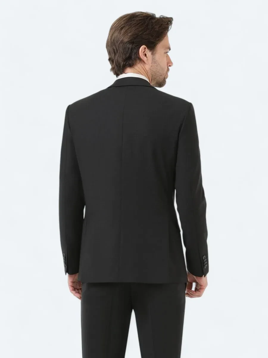 Black Plain Modern Fit Wool Blended Suit - 4